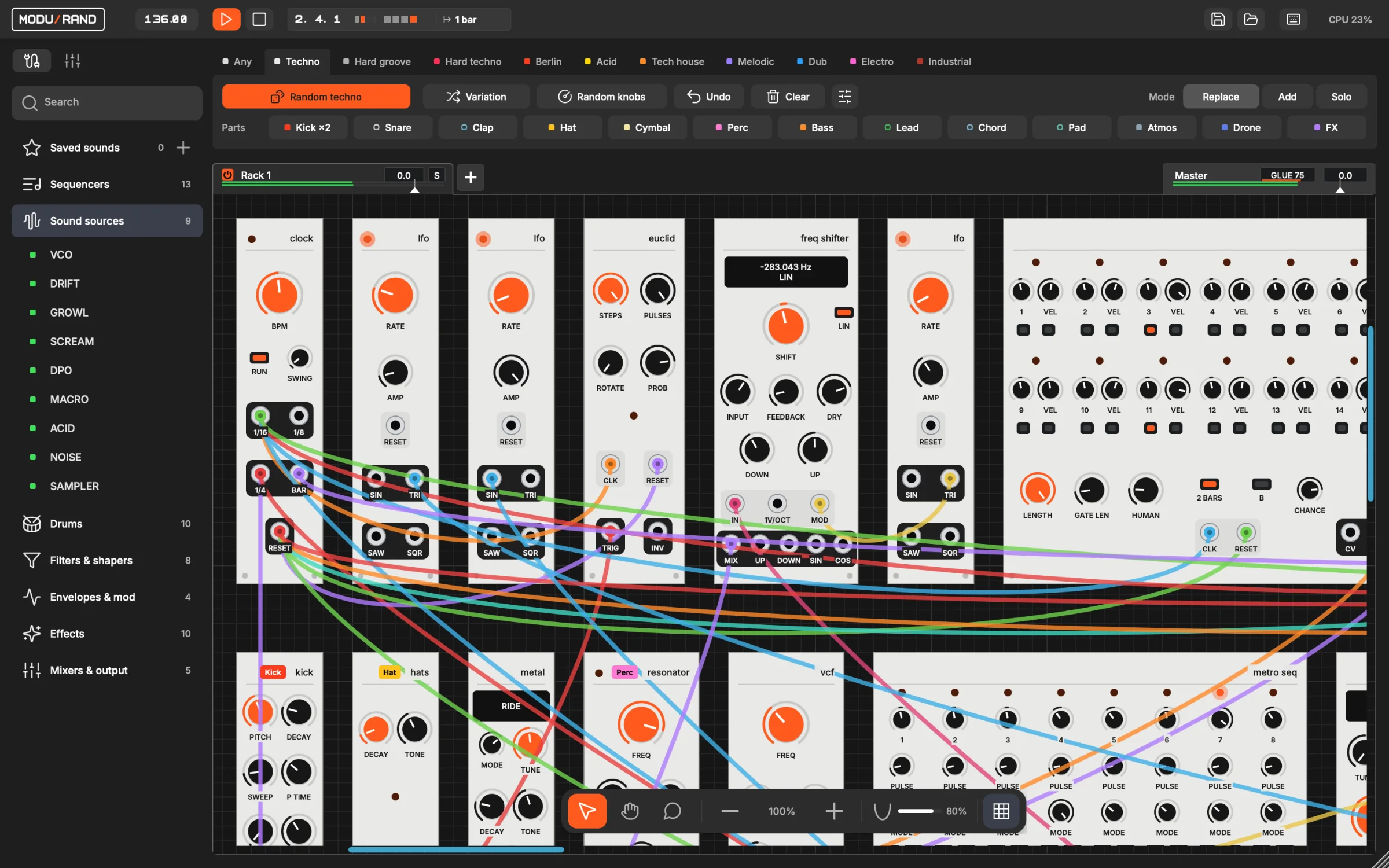 MODURAND rack with style tabs, Random patch and patched modules
